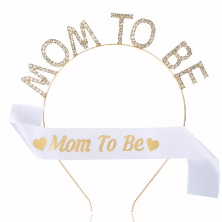 2-delige Babyshower set met Sjerp wit met goud en goud met strass diadeem Mom to Be