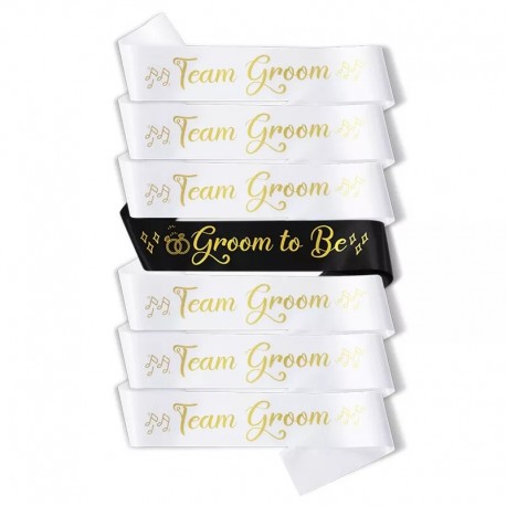 Set met 7 sjerpen Groom zwart en Team Groom wit met gouden opdruk