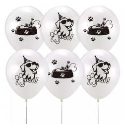Pak met 6 witte ballonnen met zwarte honden prints