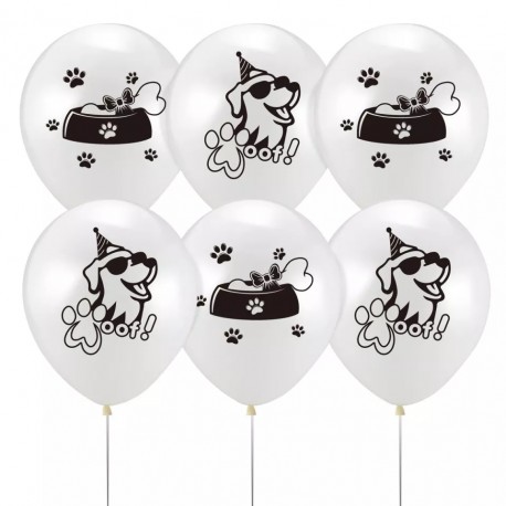 Pak met 6 witte ballonnen met zwarte honden prints