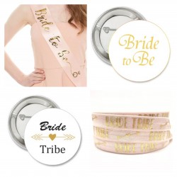 14-delige vrijgezellenfeest set Bride Tribe roze met goud met sjerp, armbanden en buttons