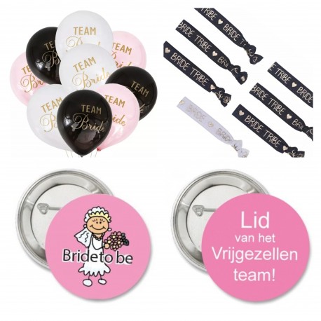 23-delige vrijgezellenfeest set Bride To Be en Team Bride roze wit zwart