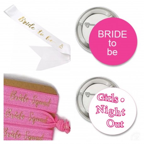 Vrijgezellenfeest set Bride to Be wit met roze en goud met sjerp en armbanden en buttons