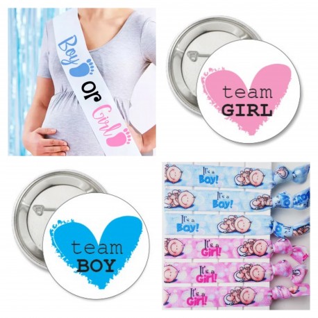 Genderreval set Boy or Girl met 1 sjerp en 12 armbandjes en 12 buttons