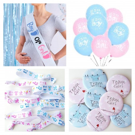 31-delige Genderreveal set Boy met sjerp, buttons, ballonnen en armbanden