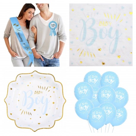 42-delige Genderreveal set It's a Boy met sjerp, rozet, servetten, bordjes en ballonnen