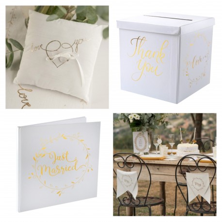 5-delige bruidsset Just Married wit met goud met gastenboek, moneybox, ringkussen en stoeldecoraties