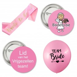 17-delige Lid van het vrijgezellenfeest team set roze met sjerp, buttons en ballonnen 