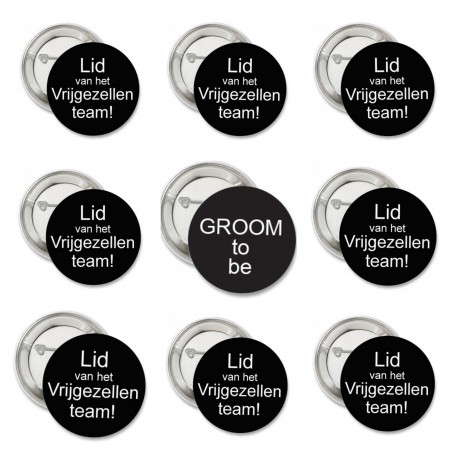 9-delige button set Lid van het Vrijgezellenteam zwart en Groom to Be