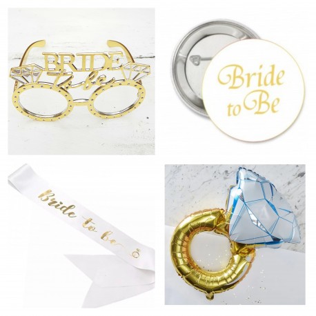 4-delige Vrijgezellenfeest set Bride to Be wit goud met bril sjerp button en folie ballon 