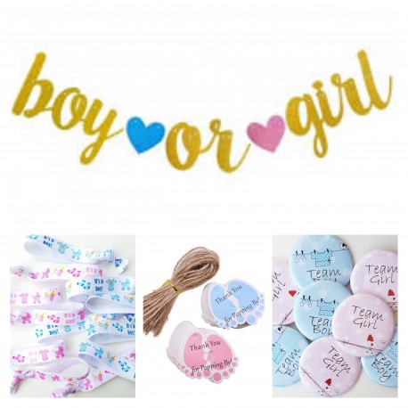 61-delige Genderreveal XL set Boy met banner, armbanden, buttons en kaartjes