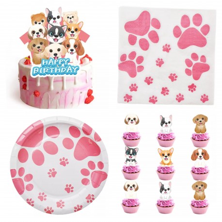 55-delige set Sweet dogs met taart en cupcake prikkers, servetten en bordjes