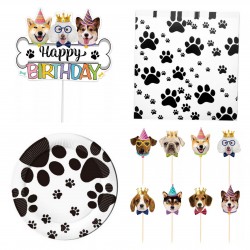 47-delige set Happy Birthday dogs met taart en cupcake prikkers, servetten en bordjes