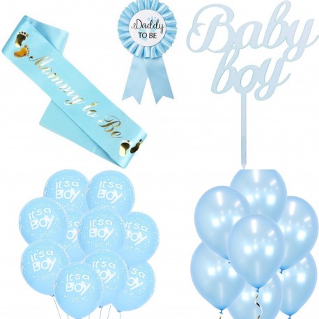 23-delige set Baby boy met sjerp, rozet, taart topper en ballonnen