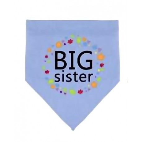 Honden bandana Big Sister blauw met zwarte tekst, bloemetjes en hartjes