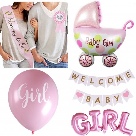 Set It's a girl met diverse ballonnen, sjerp, rozet en slinger