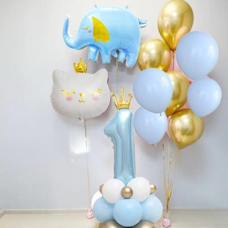 Eerste verjaardag ballonnen cakesmash set goud blauw met dieren en andere ballonnen