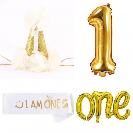 Luxe ivoor wit met gouden eerste verjaardag set I am One