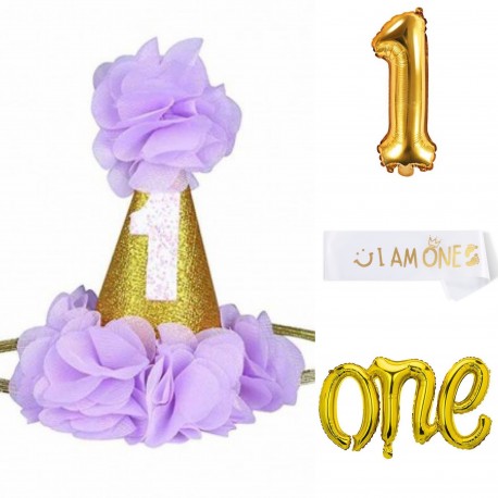 4-delige Luxe lila wit met gouden eerste verjaardag set I am One