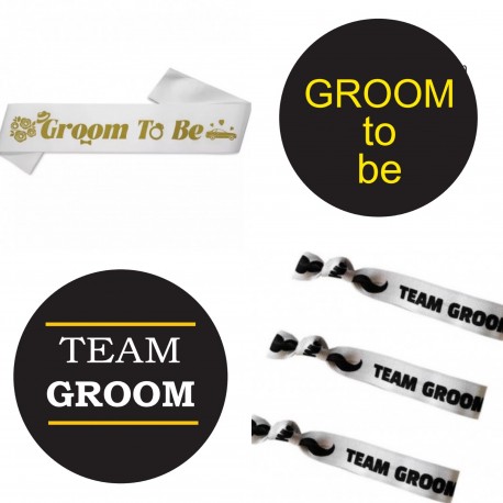 Groom to Be set met sjerp, armbandjes en buttons wit zwart en goudkleurig 20-delig