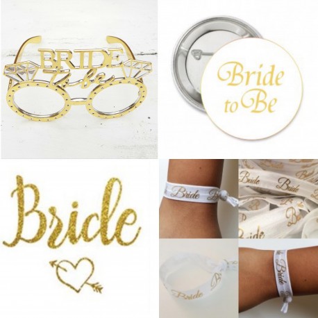 Vrijgezellenfeest set Team Bride wit met goud met bril button tatoeage en armband