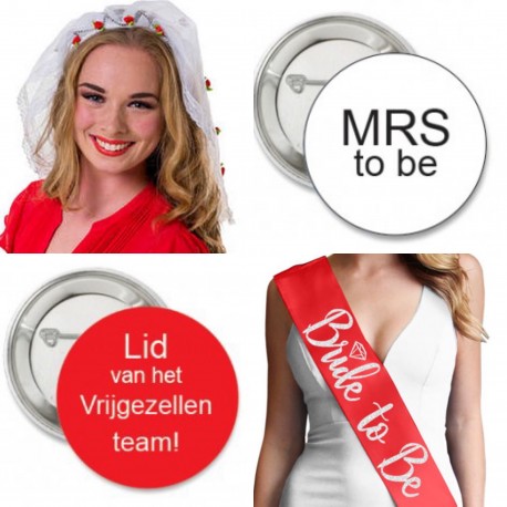 Vrijgezellenfeest set rood wit met diadeem met sluier, sjerp en buttons 12-delig