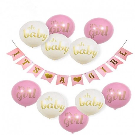 11-delige ballon en slinger set It's a Girl roze, goud met wit