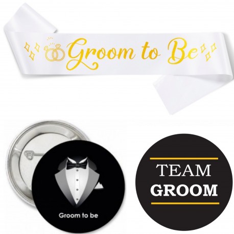 Groom to Be set met sjerp en buttons wit, goud en zwart 14-delig