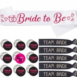 Bride to Be en Team Bride set met sjerp, armbanden en buttons roze, zwart en wit 18-delig