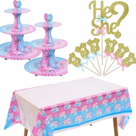 15-delige genderreval cupcake en taart set met toppers en etagere