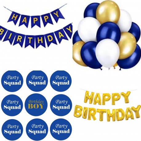 26-delige Happy Birthday set met slingers, ballonnen en buttons blauw met goud