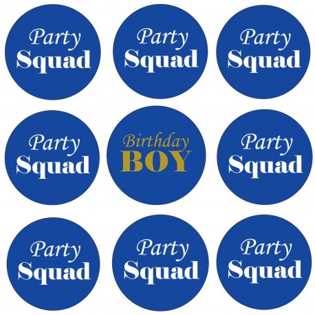 9 Buttons Birthday Boy en Party Squad blauw, waarvan 1 Birthday Boy en 8 Party Squad