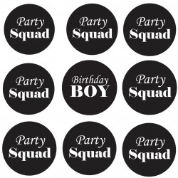 9 Buttons Birthday Boy en Party Squad zwart