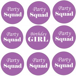 9 Buttons Birthday Girl en Party Squad paars