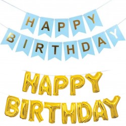 2-delige slinger set Happy Birthday licht blauw met goud