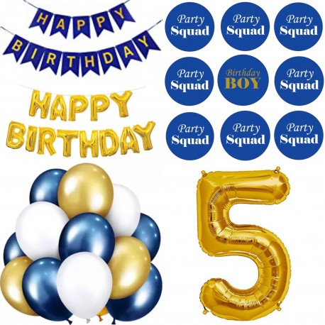 27-delige Happy Birthday decoratie set 5 met slingers, ballonnen en buttons blauw met goud