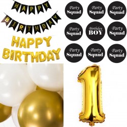 24-delige Happy Birthday decoratie set 1 met slingers, ballonnen en buttons zwart met goud en wit