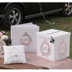 3-delige bruidsset Just Married rosé goud met gastenboek, ringkussen en moneybox tweedelig