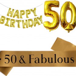 3-delige decoratie set 50 & Fabulous met gouden sjerp en ballonnen