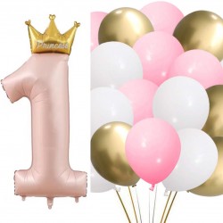 17-delige First Birthday ballonnen set roze, goud en wit