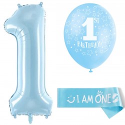 8-delige First Birthday ballonnen met sjerp set blauw, goud en wit