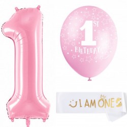 8-delige First Birthday ballonnen met sjerp set roze en wit