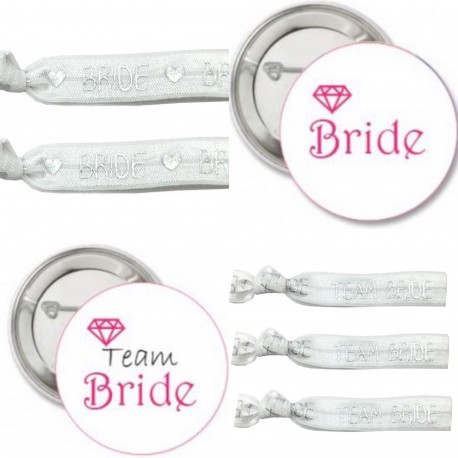 20-delige Set met 10 buttons en 10 armbanden Bride to Be en Team Bride Diamond wit met zilver