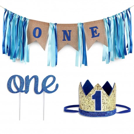 3-delige Cakesmash set blauw met jute en goud met stoelslinger, hoedje en taart topper One