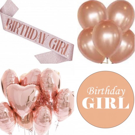 Birthday Girl set rosé goud 15-delig met sjerp, ballonnen en button