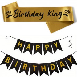 Sjerp en slinger set Happy Birthday King goud met zwart 2-delig