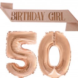 3-delige set It's My Birthday rosé goud met sjerp, diadeem en folie ballonnen