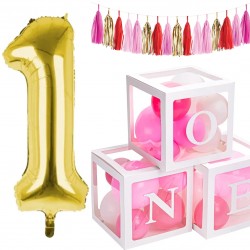 Party pakket eerste verjaardag met ballonbox met ballonnen, tassel slinger en folie ballon 1 wit, roze en goud