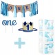 33-delige Cakesmash set met jute, wit, blauw en goud met stoelslinger, hoedje, ballonblokken, ballonnen en taart topper