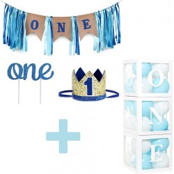 33-delige Cakesmash set met jute, wit, blauw en goud met stoelslinger, hoedje, ballonblokken, ballonnen en taart topper